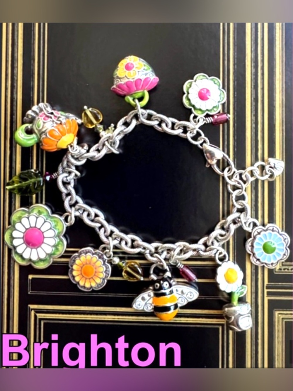 Brighton Kids Silver Charm Bracelet with Pink, Yellow & Green Enamel Accents